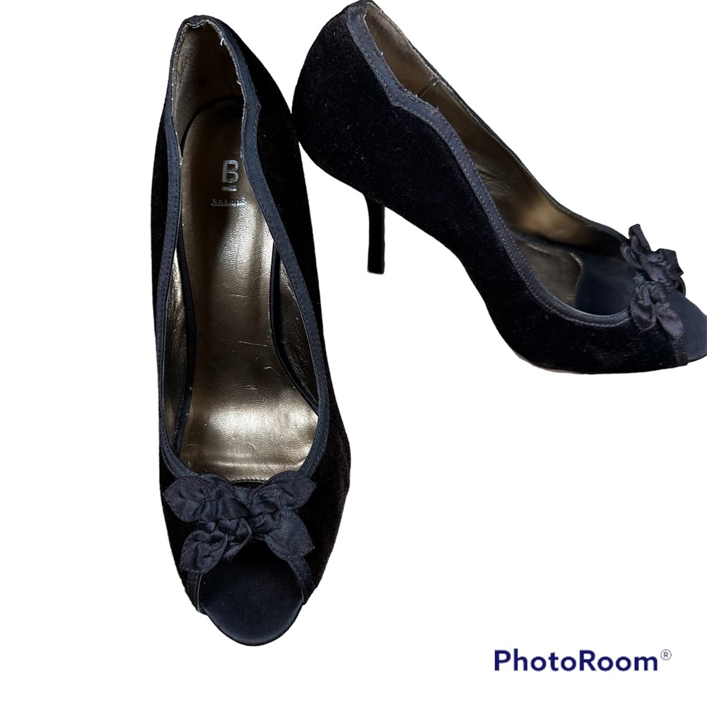 Brown faux velvet open toe pump.